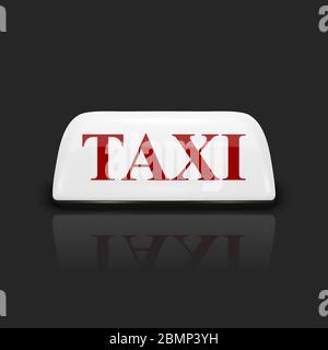 Vektor 3d realistische Weiß mit roten Buchstaben Französisch Taxi Zeichen-Symbol mit Reflexion Nahaufnahme isoliert auf schwarzem Hintergrund. Design-Vorlage für Taxi Stock Vektor