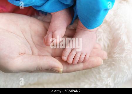 Ein kleiner Kinderfuß in den Händen der Eltern. Pflege eines Neugeborenen Stockfoto