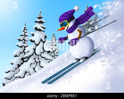 Schneemann steigt vom Berg auf Skiern ab. Winter in den Bergen. Illustration für das neue Jahr und Weihnachten. Stockfoto