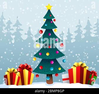 Urlaub Hintergrund mit einem blauen Weihnachtsbaum und Geschenkboxen auf dem Schnee. Vektorgrafik Stock Vektor