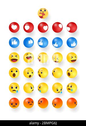Hochwertige 3d-Vektor-Set rund Cartoon-Blase Emoji Emoticons für Social-Media-Reaktionen, iface Tränen, Lächeln, traurig, Liebe, wie, Lol, Lachen Stock Vektor