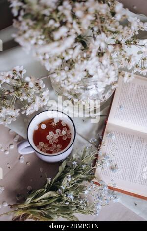 Frühstück am Morgen, getoastete schöne Käsekuchen auf einem Teller auf der Tischdecke neben einem Frühlingsstrauß aus weißen Blumen Stockfoto