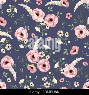Vektor nahtlose Muster mit rosa und weißen Blumen auf einem lila Hintergrund. Stock Vektor