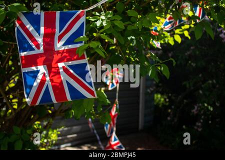 Großbritannien Bunting hängt an einem Baum, um den 75. Geburtstag des VE Day 2020 zu feiern. Stockfoto