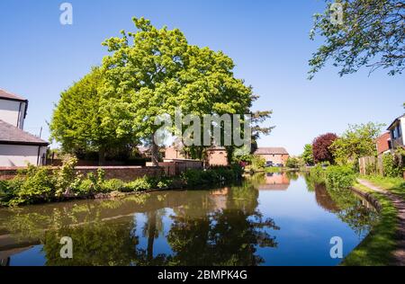 Friedlicher Kanal in Großbritannien an einem sonnigen Tag Stockfoto