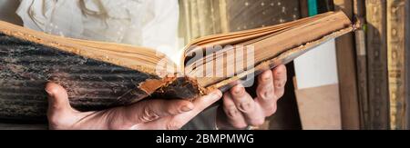 Licht aus altem Buch in den Händen der Frau, Begriff der Weisheit, des Lesens, der Phantasie. Stockfoto