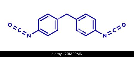 Methylendiphenyldiisocyanatmolekül (MDI), Polyurethan (PU)-Baustein. Skelettformel. Stockfoto