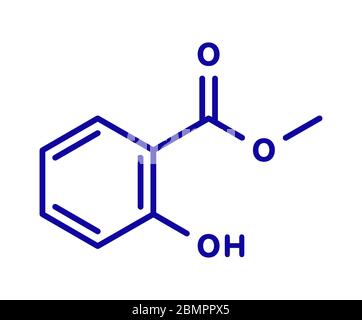 Methylsalicylat (Wintergrünöl) Molekül. Wirkt als unansichtig. Als Aroma- und Duftstoff verwendet. Skelettformel. Stockfoto