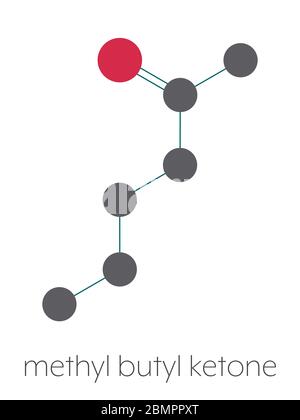 Methylbutylketon (MBK, 2-Hexanon), Lösungsmittelmolekül. Stilisierte Skelettformel (chemische Struktur): Atome werden als farbcodierte Kreise dargestellt: Wasserstoff (versteckt), Kohlenstoff (grau), Sauerstoff (rot). Stockfoto