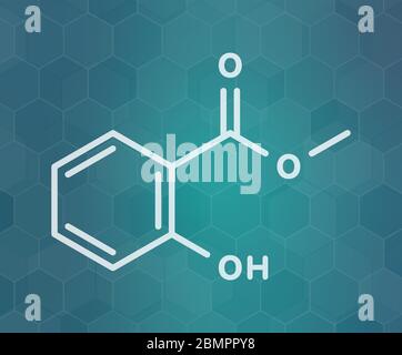 Methylsalicylat (Wintergrünöl) Molekül. Wirkt als unansichtig. Als Aroma- und Duftstoff verwendet. Skelettformel. Stockfoto