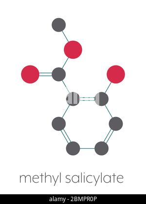 Methylsalicylat (Wintergrünöl) Molekül. Wirkt als unansichtig. Als Aroma- und Duftstoff verwendet. Stilisierte Skelettformel (chemische Struktur): Atome werden als farbcodierte Kreise dargestellt: Wasserstoff (versteckt), Kohlenstoff (grau), Sauerstoff (rot). Stockfoto