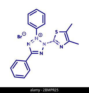 MTT gelbes Tetrazol-Farbstoffmolekül. Wird im MTT-Assay verwendet, um die Zytotoxizität und die Stoffwechselaktivität der Zellen zu messen. Skelettformel. Stockfoto