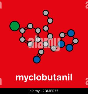 Myclobutanil antimykotisches Molekül (Triazol-Klasse). Stilisierte Skelettformel (chemische Struktur): Atome werden als farbcodierte Kreise dargestellt: Wasserstoff (versteckt), Kohlenstoff (grau), Stickstoff (blau), Chlor (grün). Stockfoto