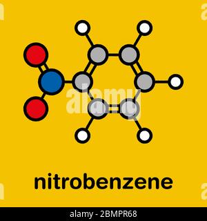 Nitrobenzol Lösungsmittel Molekül. Stilisierte Skelettformel (chemische Struktur): Atome werden als farbcodierte Kreise dargestellt: Wasserstoff (weiß), Kohlenstoff (grau), Sauerstoff (rot), Stickstoff (blau). Stockfoto