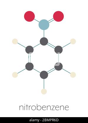 Nitrobenzol Lösungsmittel Molekül. Stilisierte Skelettformel (chemische Struktur): Atome werden als farbcodierte Kreise dargestellt: Wasserstoff (beige), Kohlenstoff (grau), Sauerstoff (rot), Stickstoff (blau). Stockfoto