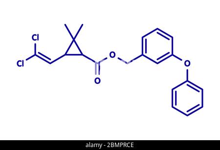 Permethrin-Pyrethroid-Insektizid. Wird zur Behandlung von Krätze und Kopfläuse beim Menschen verwendet. Wird verwendet, um Moskitonetze und in Flohhalsbänder für Hunde zu imprägnieren. Skelettformel. Stockfoto