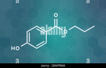 Propylparaben-Konservierungsstoff-Molekül. Wird in Lebensmitteln und Kosmetika verwendet. Skelettformel. Stockfoto