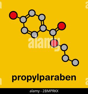 Propylparaben-Konservierungsstoff-Molekül. Wird in Lebensmitteln und Kosmetika verwendet. Stilisierte Skelettformel (chemische Struktur): Atome werden als farbcodierte Kreise dargestellt: Wasserstoff (versteckt), Kohlenstoff (grau), Sauerstoff (rot). Stockfoto