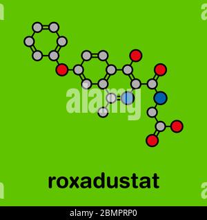 Roxadustat-Arzneimittelmolekül. Stilisierte Skelettformel (chemische Struktur): Atome werden als farbcodierte Kreise dargestellt: Wasserstoff (versteckt), Kohlenstoff (grau), Stickstoff (blau), Sauerstoff (rot). Stockfoto