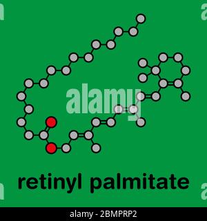 Retinyl Palmitat Vitamin Supplement Molekül. Ester von Vitamin A (Retinol) und Palmitinsäure. Stilisierte Skelettformel (chemische Struktur): Atome werden als farbcodierte Kreise dargestellt: Wasserstoff (versteckt), Kohlenstoff (grau), Sauerstoff (rot). Stockfoto