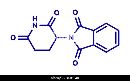 Teratogene Wirkstoffmolekül von Thalidomid. Zunächst als Antiemetikum verwendet, um Morgendämmheit bei schwangeren Frauen zu behandeln, aber gefunden, um schwere Geburtsfehler verursachen. Wird noch bei der Behandlung des Multiplen Myeloms verwendet. Skelettformel. Stockfoto