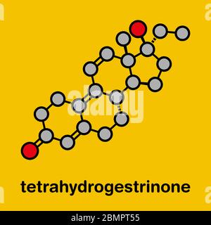 Tetrahydrogestrinon (THG) anabole Steroid-Molekül. Stilisierte Skelettformel (chemische Struktur): Atome werden als farbcodierte Kreise dargestellt: Wasserstoff (versteckt), Kohlenstoff (grau), Sauerstoff (rot). Stockfoto