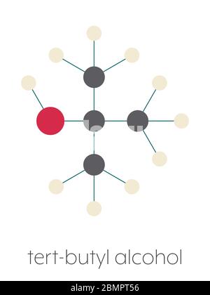 Tert-Butyl-Alkohol (tert-Butanol) Lösungsmittelmolekül. Stilisierte Skelettformel (chemische Struktur): Atome werden als farbcodierte Kreise dargestellt: Wasserstoff (beige), Kohlenstoff (grau), Sauerstoff (rot). Stockfoto