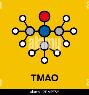 Trimethylamin N-Oxid (TMAO)-Molekül. Stilisierte Skelettformel (chemische Struktur): Atome werden als farbcodierte Kreise dargestellt: Wasserstoff (weiß), Kohlenstoff (grau), Stickstoff (blau), Sauerstoff (rot). Stockfoto