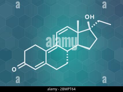 Tetrahydrogestrinone (THG) anabole Steroide Molekül. Skelettmuskulatur Formel. Stockfoto