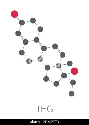 Tetrahydrogestrinon (THG) anabole Steroid-Molekül. Stilisierte Skelettformel (chemische Struktur): Atome werden als farbcodierte Kreise dargestellt: Wasserstoff (versteckt), Kohlenstoff (grau), Sauerstoff (rot). Stockfoto