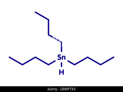 Tributylzinnhydrid-Molekül. Organotin-Reagenz, das in der organischen Synthese verwendet wird. Skelettformel. Stockfoto