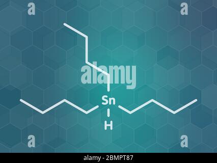 Tributylzinnhydrid-Molekül. Organotin-Reagenz, das in der organischen Synthese verwendet wird. Skelettformel. Stockfoto