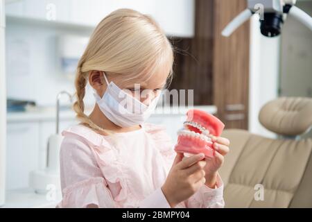 Ein Kind, das beim Zahnarzt die Kieferstruktur des Menschen lernt Offi Stockfoto