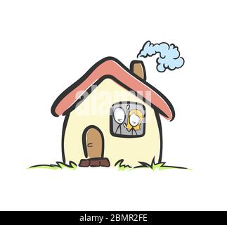 Bleiben Sie zu Hause sicher glückliche Familie. Handgezeichnet. Stickman Cartoon. Doodle Skizze, Vektor Grafik Illustration zu Hause bleiben Stock Vektor