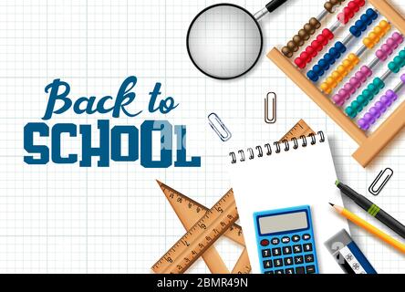 Zurück zur Schule Vektor Hintergrund-Design. Zurück zur Schule Text mit realistischen pädagogischen Kursteilnehmerzubehör wie Lupe, Notizbuch, Abakus, Lineal. Stock Vektor