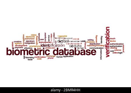 Biometrische Datenbank Wort Cloud Konzept auf weißem Hintergrund Stockfoto