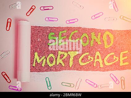 Handschrift Text zweite Hypothek. Konzeptionelles Fotoanrecht auf Grundstück, das dem älteren unterstellt ist Stockfoto