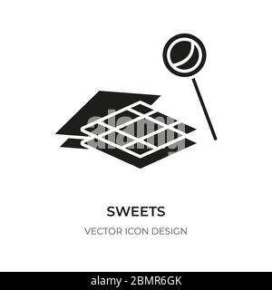 Süßes schwarzes Symbol. Silhouette Süßigkeiten einfache Glyphe Zeichen. Logo-Design von Dessert Closeup Lutscher und Waffel als Symbol Süßwaren. Flacher Stil für Dekoration App-Website. Isolierte Vektordarstellung Stock Vektor