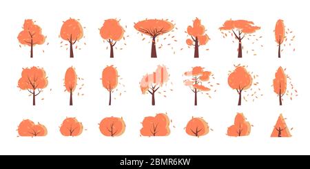 Herbst Herbst Herbst Baum, Busch, flache Cartoon-Symbol gesetzt. Kreative verschiedene Form einfache orange Wald Garten Bäume, Symbol. Saison gelb fallenden Blattwerk des Parks Zeichen. Isoliert auf weißen Vektor-Illustration Stock Vektor