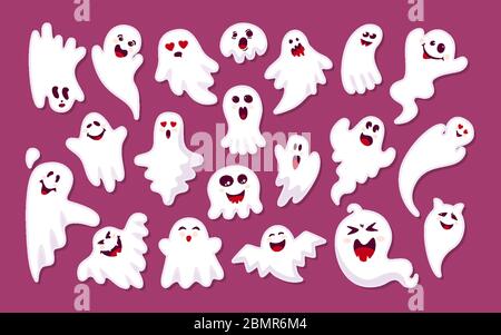 Ghost farbigen Aufkleber mit Schatten Wohnung Cartoon-Set. Halloween-Kollektion niedlichen gruseligen Aufkleber Monster. Fröhliche gruselige oder lustige Comic-Figur. Geister Halloween Konzept. Vektorgrafik isoliert Stock Vektor