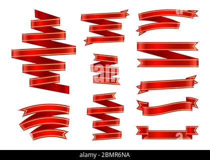 Satinrote Bänder mit goldenem Rahmen. Hintergrundbanner mit Verlaufsfolie. Leere Vorlage andere Form. Dekorative Glas retro Flagge, Klebeband für Text, Preisschild, Verkauf Etikett. Isolierte Vektordarstellung Stock Vektor