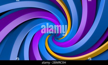 Hintergrund gebildet von Düsen der lila, gelben und blauen Farbe rotierenden in Kreisen und Mischen in der Mitte bilden eine Textur. 3D-Darstellung Stockfoto