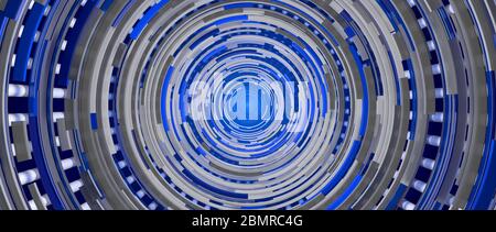 Runder Tunnel in einem Raumschiff, das aus einer silbernen Metallstruktur mit blauen Lichtern besteht. 3D-Darstellung Stockfoto