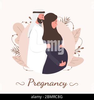 Traditionelle muslimische Familie, Schwangerschaft und Geburt von Kindern in arabischen Paar. Eine schwangere Frau in Hijab und Nationaltracht mit ihrem Mann und Baby. Flach Stock Vektor