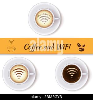 Kaffeetassen und WiFi Symbol Konzept Symbole, Design-Elemente. Tassen Kaffee mit WiFi-Schild. Internetcafé mit offenem WiFi-Hotspot Stock Vektor