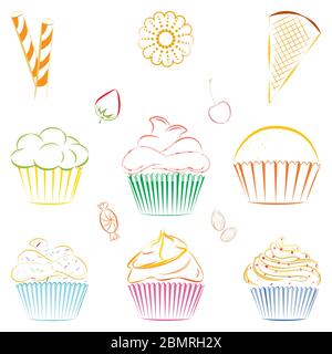 Vektor-Sammlung von Linie Zeichnung von Cupcakes, Süßigkeiten und Beeren. Umriss von Süßigkeiten, Kekse und Beeren. Ideal für Icons, als Design-Elemente im Web Stock Vektor