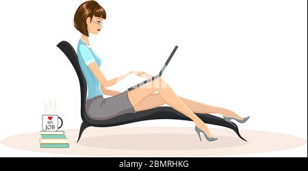 Frau, die von zu Hause aus an ihrem Laptop arbeitet. Arbeiten von zu Hause Konzept Vektor-Illustration Stock Vektor