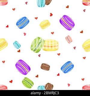 Vektor-Illustration von bunten Makronen und Herzen in zufälliger Reihenfolge verteilt, um nahtlose Muster zu erstellen Stock Vektor