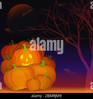 Halloween Nachtposter mit Kürbissen, Jack O Laterne, Mond, Baum und Fledermäuse und Kopierer Raum Stock Vektor
