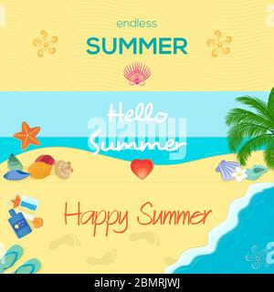 Vektor-Banner für den Sommer mit Muscheln, Seesternen und anderen Strandatributes. Elegante und bunte Banner für Web in verschiedenen Stilen mit Text Stock Vektor
